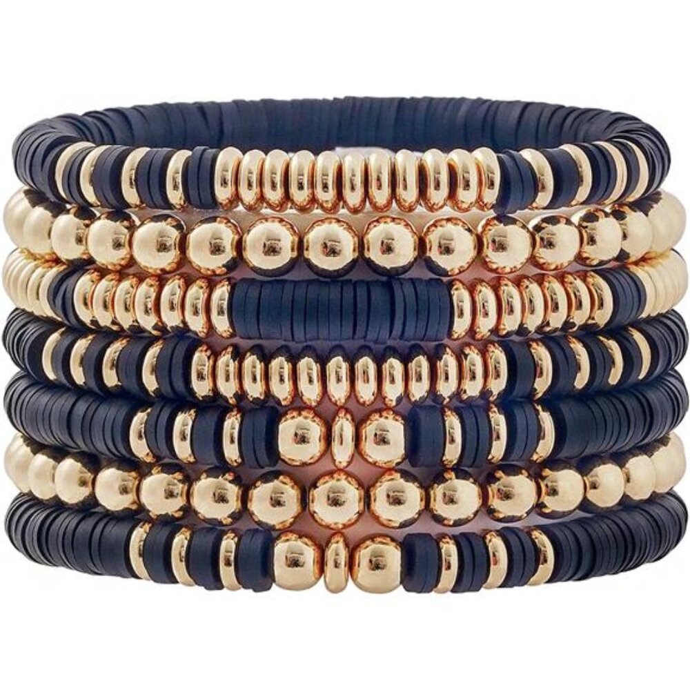 Surfer Heishi Clay Bead Bracelets for Women Bohemian Stackable Gold Blue/Black